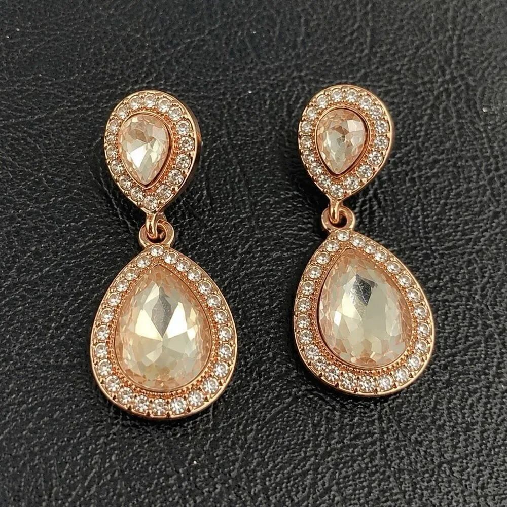 Jeweled Rose Gold Tone Teardrop Earrings with Pavé Crystal Halo